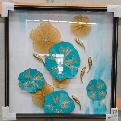 Blooming Tranquility – Aqua & Gold Lotus Wall Frame